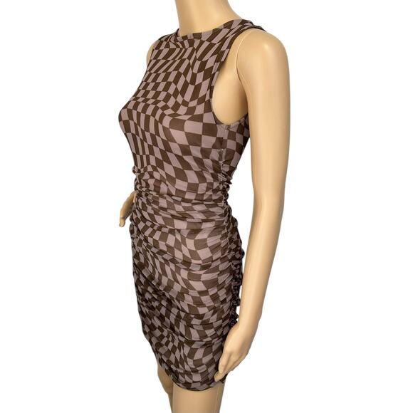2/$30 Urban Outfitters Austin Mesh Mini Dress Taupe Checkered Ruched Size XS - Picture 7 of 14